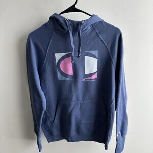 Champion Sweatshirt Womens Medium Fleece Blue Logo Spellout Long Sleeve